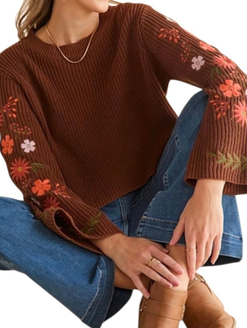 Francesca's Hailee embroidered pullover sweater colorful floral bell Sleeves L - Picture 2 of 14